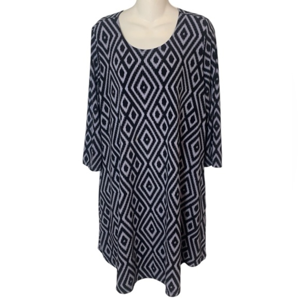 Mountain Mamas Navy Blue and White Geometric A-Line Dress L/XL